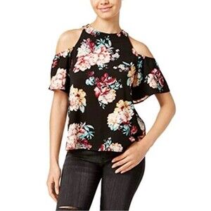 Lily Black cold shoulder black floral top size medium